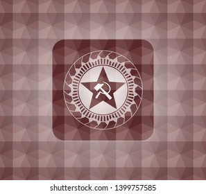 communism icon inside red seamless badge with geometric background.