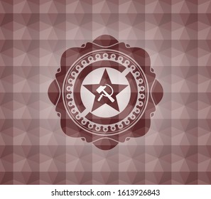 communism icon inside red seamless emblem or badge with geometric pattern background.