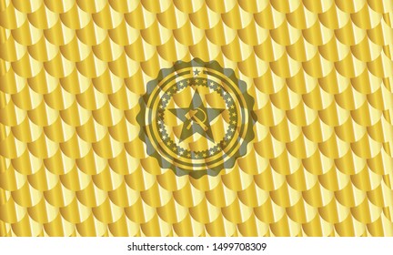 communism icon inside shiny golden badge. Scales pattern. Vector Illustration. Detailed.