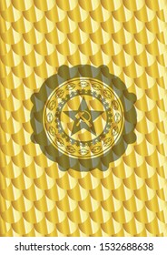 communism icon inside shiny golden badge. Scales pattern. Vector Illustration. Detailed.