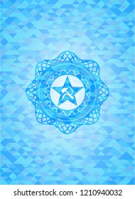communism icon inside sky blue emblem with mosaic background
