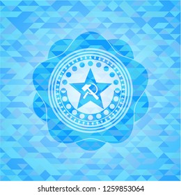communism icon inside sky blue emblem with mosaic ecological style background