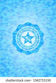 communism icon inside sky blue emblem with triangle mosaic background
