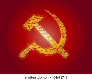 Communism red flag with hammer and sickle symbols. Abstract red grunge rusty vintage vector illustration.