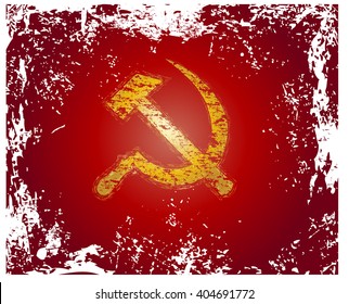 Communism red flag with hammer and sickle symbols. Abstract red grunge rusty vintage vector illustration.