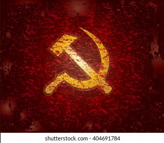 Communism red flag with hammer and sickle symbols. Abstract red grunge rusty vintage vector illustration.
