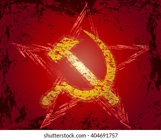 Communism red flag with a red star, hammer and sickle symbols. Abstract red grunge rusty vintage vector illustration.