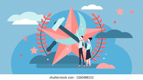 Communism vector illustration. Flat tiny social ideology person concept. Symbolic red star, hummer and sickle power and strength propaganda elements. USSR state government patriotic political movement