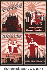 Communism Work  Illustrations. Old Soviet Propaganda Poster Stylization