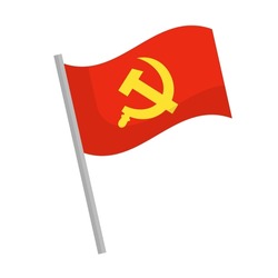 Communist Flag Icon With Pole. Hammer And Sickle. Vector.