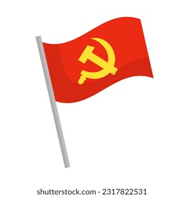 Communist flag icon with pole. Hammer and sickle. Vector.