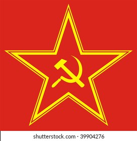 Communist red star with hammer and sickle on red background. Vector illustration.