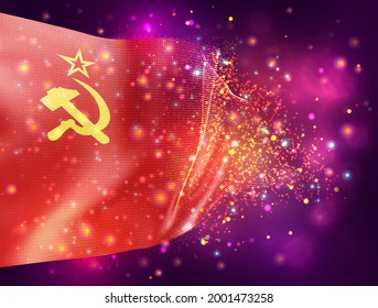 communist vector 3d flag on pink purple background with lighting and flares