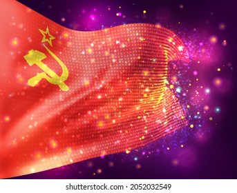 communist vector 3d flag on pink purple background with lighting and flares