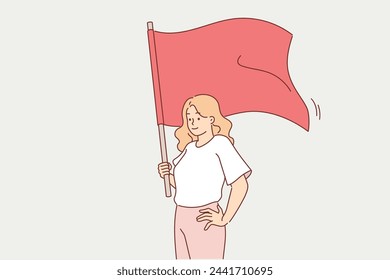 Communist woman holds red flag, advocating collectivism and class equality or strengthening trade unions. Casual communist girl smiles, calling not to remain silent and fight for rights