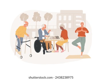 Comunidades para personas mayores concepto aislado ilustración vectorial. Vivienda para mayores, comunidad de jubilados, servicios compartidos, actividades de salud y bienestar, concepto de vector libre de mantenimiento.