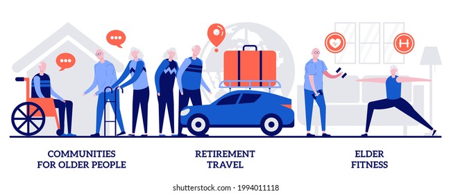 Communities for pensioners, retirement travel, elderly fitness concept with tiny people. Senior people care abstract vector illustration set. Old people support services, nursery home metaphor.