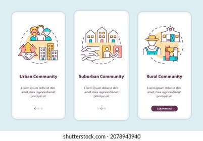 Communities Types Onboarding Mobile App Page Screen With Concepts. Urban, Rural Community Walkthrough 3 Steps Graphic Instructions. UI, UX, GUI Vector Template With Linear Color Illustrations