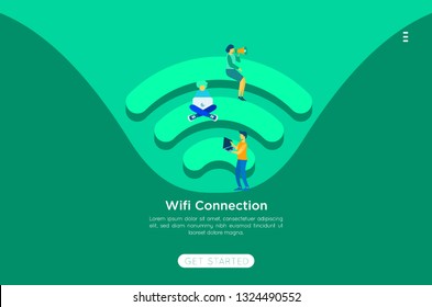 Community 3d Vector Wireless Wi-Fi Free Public zone Hotspot Zone Wireless Internet Isometric People Free Wifi Internet community Connection. 3D People Isometric Vector Devices Icon Wireless WiFi