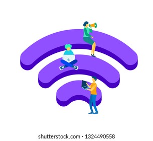 Community 3d Vector Wireless Wi-Fi Free Public zone Hotspot Zone Wireless Internet Isometric People Free Wifi Internet community Connection. 3D People Isometric Vector Devices Icon Wireless WiFi