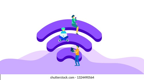 Community 3d Vector Wireless Wi-Fi Free Public zone Hotspot Zone Wireless Internet Isometric People Free Wifi Internet community Connection. 3D People Isometric Vector Devices Icon Wireless WiFi