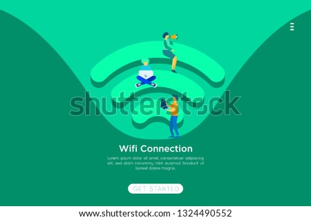 Community 3d Vector Wireless Wi-Fi Free Public zone Hotspot Zone Wireless Internet Isometric People Free Wifi Internet community Connection. 3D People Isometric Vector Devices Icon Wireless WiFi