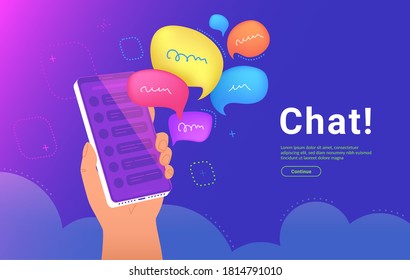 Community Announcement Or Group Chat Mobile App. Concept Vector Illustration Of Human Hand Holds A Smartphone With A Speech Bubbles As A Messenger Or Community Alert In Social Media