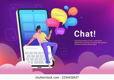 Community announcement or group chat mobile app. Gradient vector illustration of man sitting on smartphone keyboard and texting. Speech bubbles as a messenger or community alert in social media