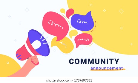 Community announcement with loud megaphone. Flat vector modern illustration of human hand holds red loud-hailer with speech bubbles for community alert in social media. Concept design for promo banner