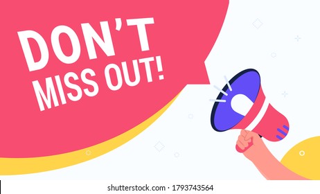 Community announcement with loud megaphone. Flat vector modern illustration of human hand holds red loud-hailer with speech bubbles for community alert in social media. Concept design for promo banner