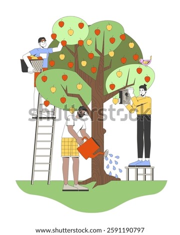Community apple harvest 2D vector illustration. Watering tree, installing birdhouse. Diverse people picking fruits from appletree flat characters isolated on white background. Colorful cartoon image