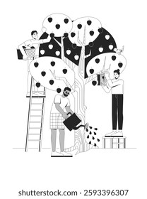 Community apple harvest outline illustration. Watering tree, installing birdhouse. Diverse people picking fruits from appletree 2D line characters isolated on white. Monochrome vector ink linear image