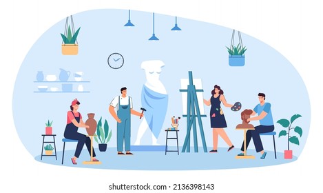 Community of artists creating paintings and sculptures in workshop. Creative cartoon characters making artworks in studio flat vector illustration. Art, creativity concept for banner, website design