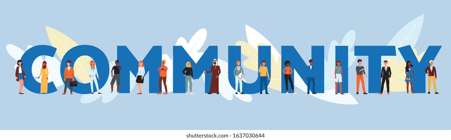 Community banner - cartoon people standing near giant word talking to each other. Social group event or organisation poster - flat isolated vector illustration.