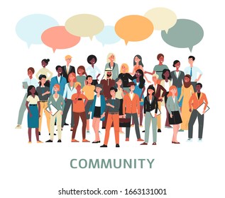 Community banner - diverse crowd of cartoon people standing and talking to each other isolated on white background. Speech bubble cloud over big group - flat vector illustration.