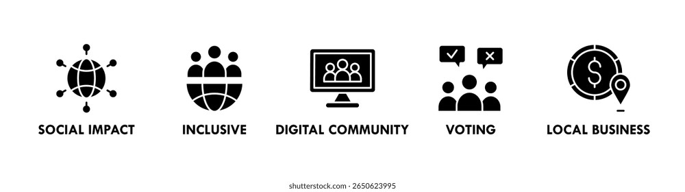 Banner comunitário ícone web ilustração conceito com ícone de impacto social, inclusive, comunidade digital, votação e negócios locais