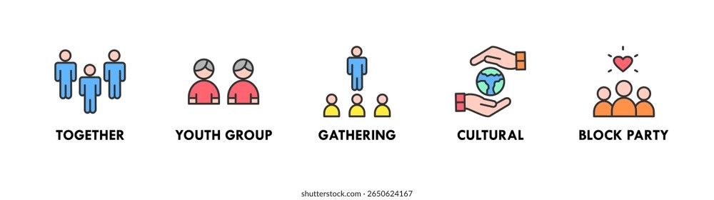 Community banner web icon illustration concept with icon of together, youth group, gathering, cultural, and block party