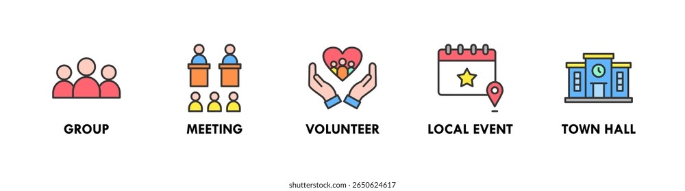 Community banner web icon illustration concept with icon of group, meeting, volunteer, local event, and town hall