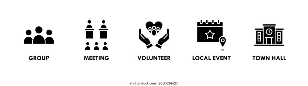 Community banner web icon illustration concept with icon of group, meeting, volunteer, local event, and town hall