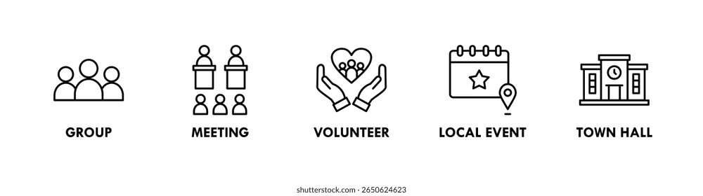 Community banner web icon illustration concept with icon of group, meeting, volunteer, local event, and town hall