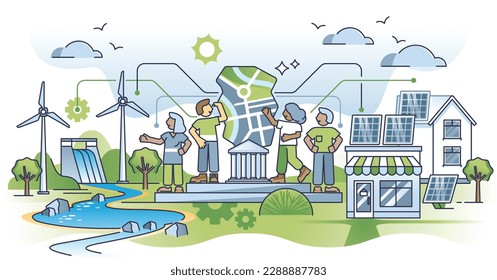 Community based renewable energy or CBRE for green power outline concept. Solar panels or wind turbines installation at home as society impact on green electricity or independence vector illustration