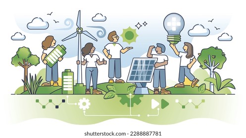 Concepto de esquema de energía renovable de base comunitaria para la electricidad verde. Apoyo de la sociedad a la futura ilustración de vectores de energía solar o eólica respetuosos con la naturaleza. Salvar el clima sostenible y ambiental.