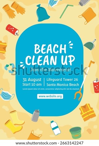 Community Beach Clean-Up Campaign Flyer. Volunteer Poster removing Trash on the Coast