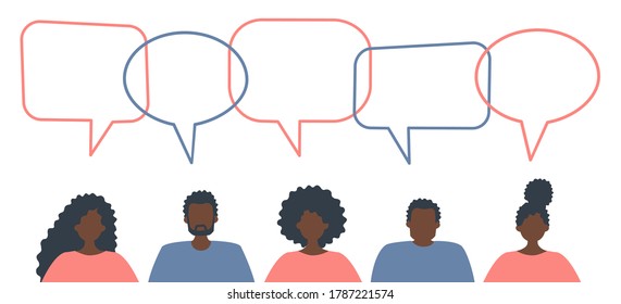 Community Of Black People. Communication Of Men And Women. People Icons With Speech Bubbles. Vector Illustration