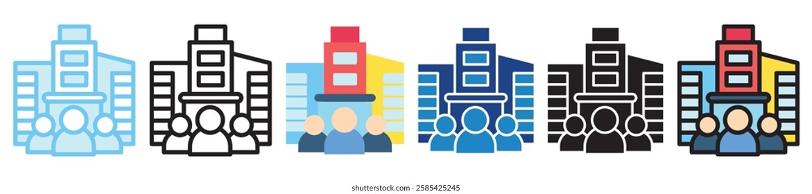 Community Building multi style, mini illustration icon. outline, flat, glyph, dual tone, line color, UI, UX kit, app and web development, digital or print. For finance, business, economy.
