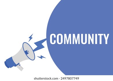 Botón comunitario, Anuncio, sello, Plantilla para el Sitio web. Texto comunitario con el icono colorido del megáfono