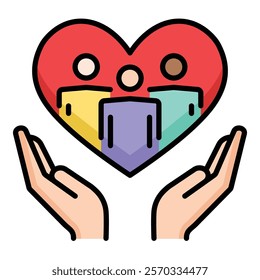 Community care, diversity, charity, helping people colour icon, round line, editable stroke, vector symbol