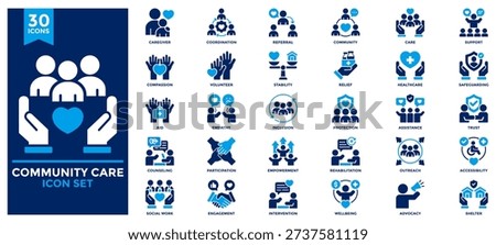 Community Care icon collection. Contains icons for coordination, referral, caregiver, support, community, care. Flat vector illustration.