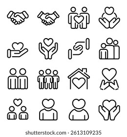 Community and Care Line Icons – Love, Support, Unity, and Wellness Symbol Set