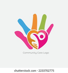 Community care logo concept showing heart in hand with human figure. Logo design vector, illustration.